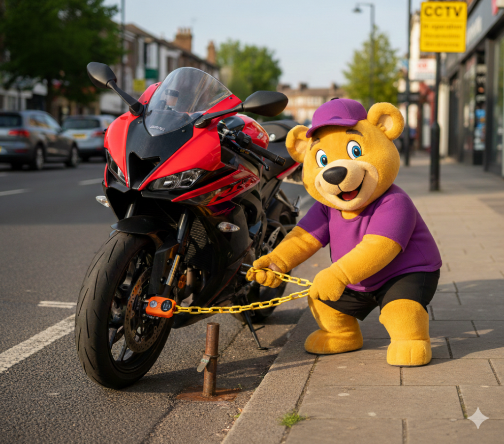 WeTrust.co.uk's character Trusty locking he motorbike that he insured through WeTrust