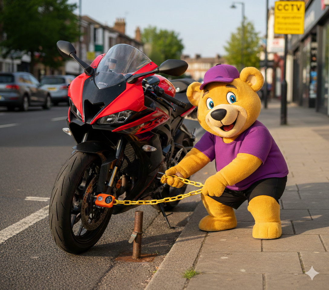 WeTrust.co.uk's character Trusty locking he motorbike that he insured through WeTrust