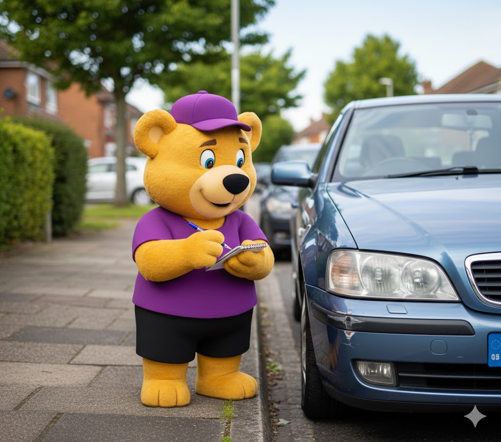 wetrust.co.uk character trusty assessing car damage after car collision